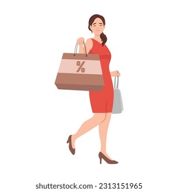 Young attractive fashionable woman holding packages with clothes after shopping. Isolated concept girl character with perfect style. Flat vector 