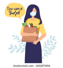 Young attractive fashionable woman in Medical mask for prevent virus Covid-19 holding packages with foods. Isolated concept girl character with flat style. Vector illustration.