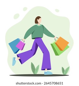 Young attractive fashionable woman running with shopping bags in her hands. Discounts, sale, black Friday. Trendy female character with purchases in store or supermarket. Vector shop background.