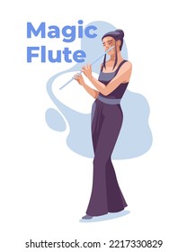 a young attractive flautist wearing an evening dress is playing. Isolated on white background. Classical music and concert. Vector flat illustration