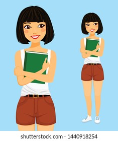 Young attractive girl hugs book, dreamy look. Reading of books. In full growth and portrait. Flat style on blue background. Cartoon.