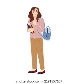 A young attractive girl is standing with books. A student with a backpack on her shoulder holds textbooks. Vector cute flat illustration isolated on white background.