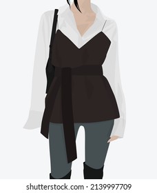 A young and attractive girl in a white blouse, a short T-shirt with a belt and pants. Vector flat image of a young lady. Design for postcards, avatars, posters, backgrounds, templates, textiles, banne