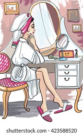 Young attractive girl, woman, housewife in full growth after the bath, in a bathrobe, towel, apply the cream to the face in front of a dressing table with mirror sitting on a chair.Vector illustration