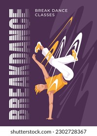 Young attractive guy break dancing on the background of a large text. Advertising flyer, postcard. Vector flat illustration