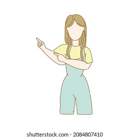 Young attractive happy woman shows pointing something concept. Cool female shows business presentation gesture concept. Isolated cartoon vector illustration on white background