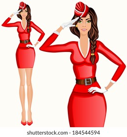 Young attractive long legged flight attendant stewardess in red uniform saluting vector illustration