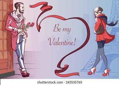 Young attractive man with a bunch of roses is waiting for his girlfriend. St. Valentines days greeting card. EPS10 vector illustration.