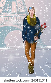 Young attractive man dressed in trendy double-breasted coat is walking down Champ de Mars holding bouquet of red roses for his girlfriend for St. Valentine's. EPS10 vector illustration.