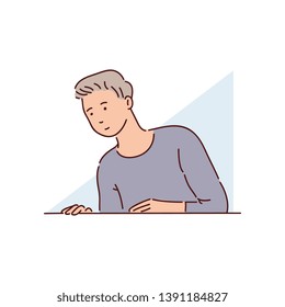 Young attractive man and the guy looking down from the window, a blue triangle behind. Isolated vector illustration on white background in flat linear cartoon style.