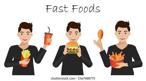 Young attractive man with smiling faces in 3 manners holding french fries,cola drink,hamburger and fried chicken.Isolated on white background. Vector Illustration.Idea for fast food business concept.