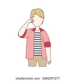Young attractive man touching head by finger. Trendy male showing thinking gesture. Man holding finger on head and feeling tired, tries to remember important information. flat style isolated on white