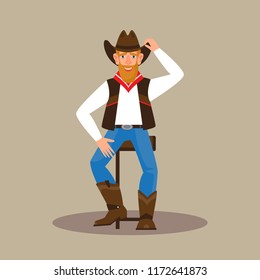 Young attractive man wearing a cowboy outfit. Male character flat style vector illustration
