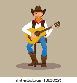 Young attractive man wearing a cowboy outfit and plaiyng guitar. Male character flat style vector illustration. Country musician