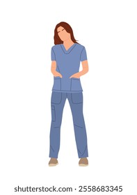 Young attractive nurse standing in confident pose. Pretty girl medic worker in blue uniform scrub. Cartoon female character vector flat illustration isolated on white background.