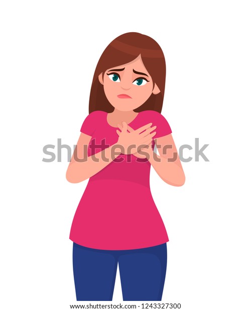 若くて痛みを伴う若い女性は胸に手を置く 心臓発作 痛み 手で胸を触れる健康上の問題を持つ病人 ベクター漫画の人間の感情のコンセプトイラスト のベクター画像素材 ロイヤリティフリー