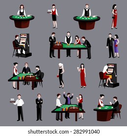 Young attractive people in casino gambling flat icons set isolated vector illustration