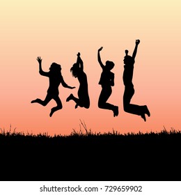 Young attractive people dancing and jumping in nature, excited about life and their achievements. Jumping joyful silhouettes of people vector