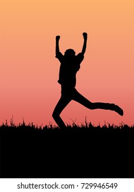 A young attractive person is dancing in nature, delighted with life and her achievements. Jumping joyful and winning silhouette vector