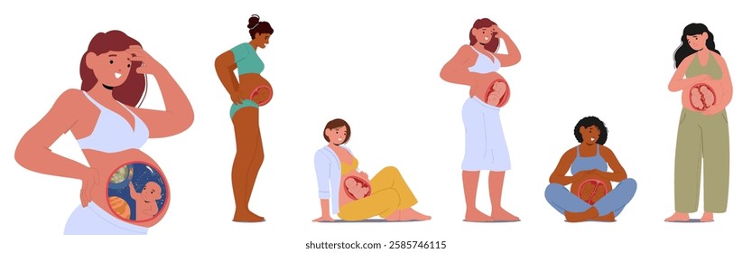 Young attractive pregnant woman cartoon characters with baby in belly standing and sitting in different position isolated set. Happy motherhood in expectation of childbirth vector illustration