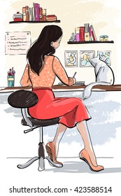 Young attractive pretty girl, housewife, wife, long hair sitting at a desk and writing in a diary. View from the back. The nice room, white pet cat sitting on a table. Hand drawn vector illustration