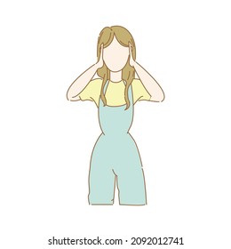 Young attractive sad woman show covering ears with two hands concept. Trendy female show don't hear concept. Isolated cartoon vector illustration on white background. 