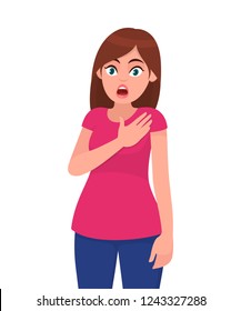 Young Attractive Shocked Woman Holds Hand On Chest. Sick Woman With Heart Attack, Pain, Health Problem Holding Touching Her Chest With Hands. Human Emotion Concept Illustration In Vector Cartoon Flat.