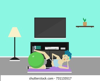 Young attractive slim woman in sportswear doing stomach crunches with fit ball or exercise ball at home. Sport, training, gym, pilates and lifestyle concept illustration vector.
