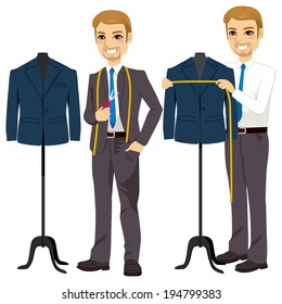 Young attractive tailor measuring bust on suit jacket