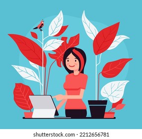 Young Attractive Woman, Business Assistant Or Home Office. Balanced Life Development, Workplace Vitality Natural Energy, Satisfaction And Performance. Vector Creative Vibrant Botanical Illustration