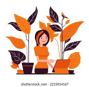Young attractive woman, business assistant or home office. Balanced life development, workplace vitality natural energy, satisfaction and performance. Vector creative vibrant botanical illustration