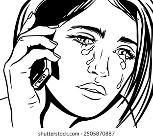 Young attractive woman calling phone and crying, detail, pop art comic vector illustration, outline coloring book