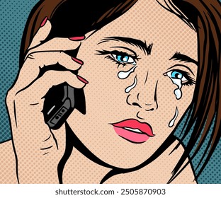 Young attractive woman calling phone and crying, detail, pop art comic vector illustration