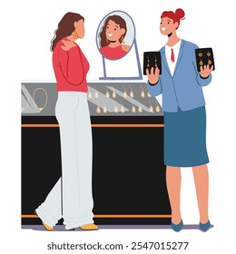 Young attractive woman client character choosing golden earrings at luxury jewelry boutique scene. Female seller offering goods from showcase helping customer to make choice vector illustration