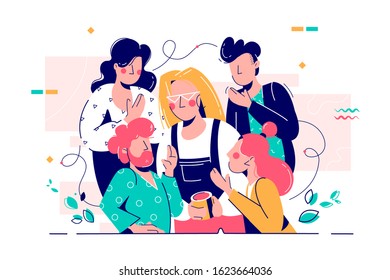 Young attractive woman with cup listening friends advice. Concept people characters talking among themselves discuss problem and love affairs. Vector illustration.