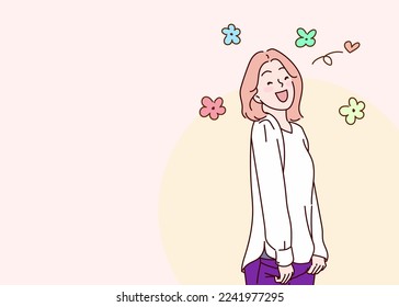 Young attractive woman and happy ib her face. Surprised and excited. Hand drawn in thin line style, vector illustrations.