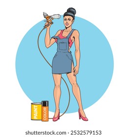 Mujer atractiva joven que sostiene la herramienta del aerosol del aerógrafo, aislada en el fondo blanco. Servicio de pintura de coches, latas de pintura de color. Pin up estilo Ilustración vectorial dibujada a mano.