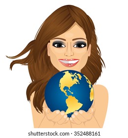 young attractive woman holding earth globe with her hands