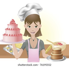 Young attractive woman holding two cakes. One pink one chocolate with chef hat and baking utensils