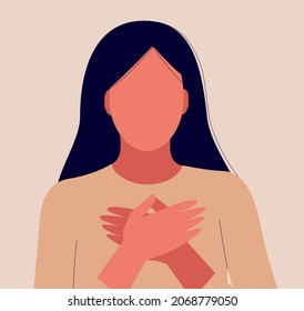 A young attractive woman holds her hands on her chest. Illustration of the concept of human emotions in a vector cartoon .