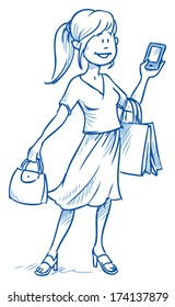 Young attractive woman looking at cell phone with shopping bag. Hand drawn sketch vector illustration