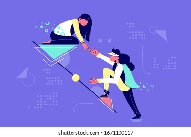 Young attractive woman mutual assistance female partners. Concept businesswomen character helping each other together in raising career. Vector illustration.