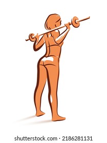 Young attractive woman with perfect muscular body training with a barbell vector illustration isolated, sport exercises active lifestyle.