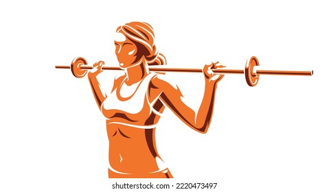 Young attractive woman with perfect muscular body training with a barbell vector illustration isolated, sport exercises active lifestyle.