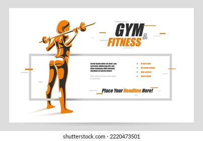 Young attractive woman with perfect muscular body training with a barbell vector flyer for advertising isolated, sport exercises active lifestyle banner.