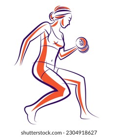 Young attractive woman with perfect muscular body training vector illustration isolated, sport exercises active lifestyle.