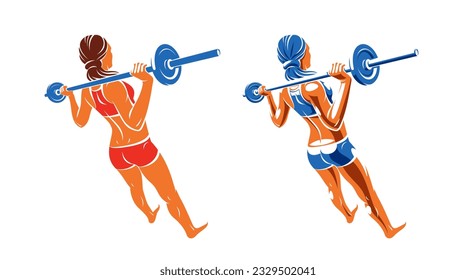 Young attractive woman with perfect muscular body training with a barbell vector illustration isolated, sport exercises active lifestyle.