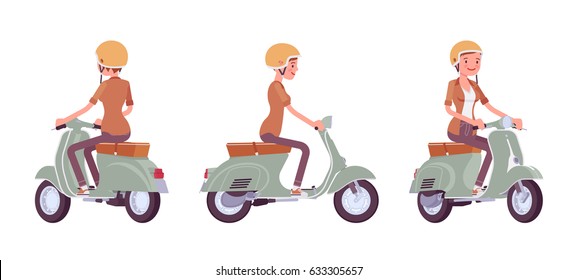 Jovem atraente mulher montando uma scooter, vestindo capacete, popular veículo da cidade, emocionante aventura ao ar livre, vetor plano de desenho animado ilustração, isolado no fundo branco, frente, lado, vista traseira