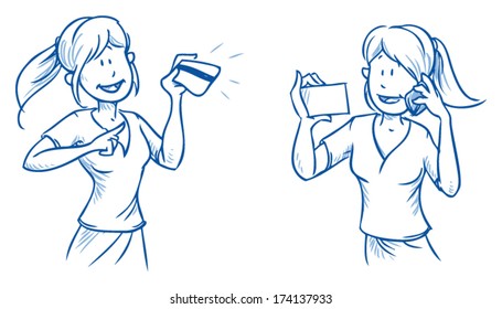 Young attractive woman showing credit card  for online shopping) and holding business card while calling with cell phone. Hand drawn sketch vector illustration