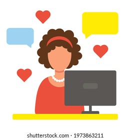 A young attractive woman sits at a computer and writes on a dating site. Online meetings. Finding a husband. Simple vector illustration isolated on white background.